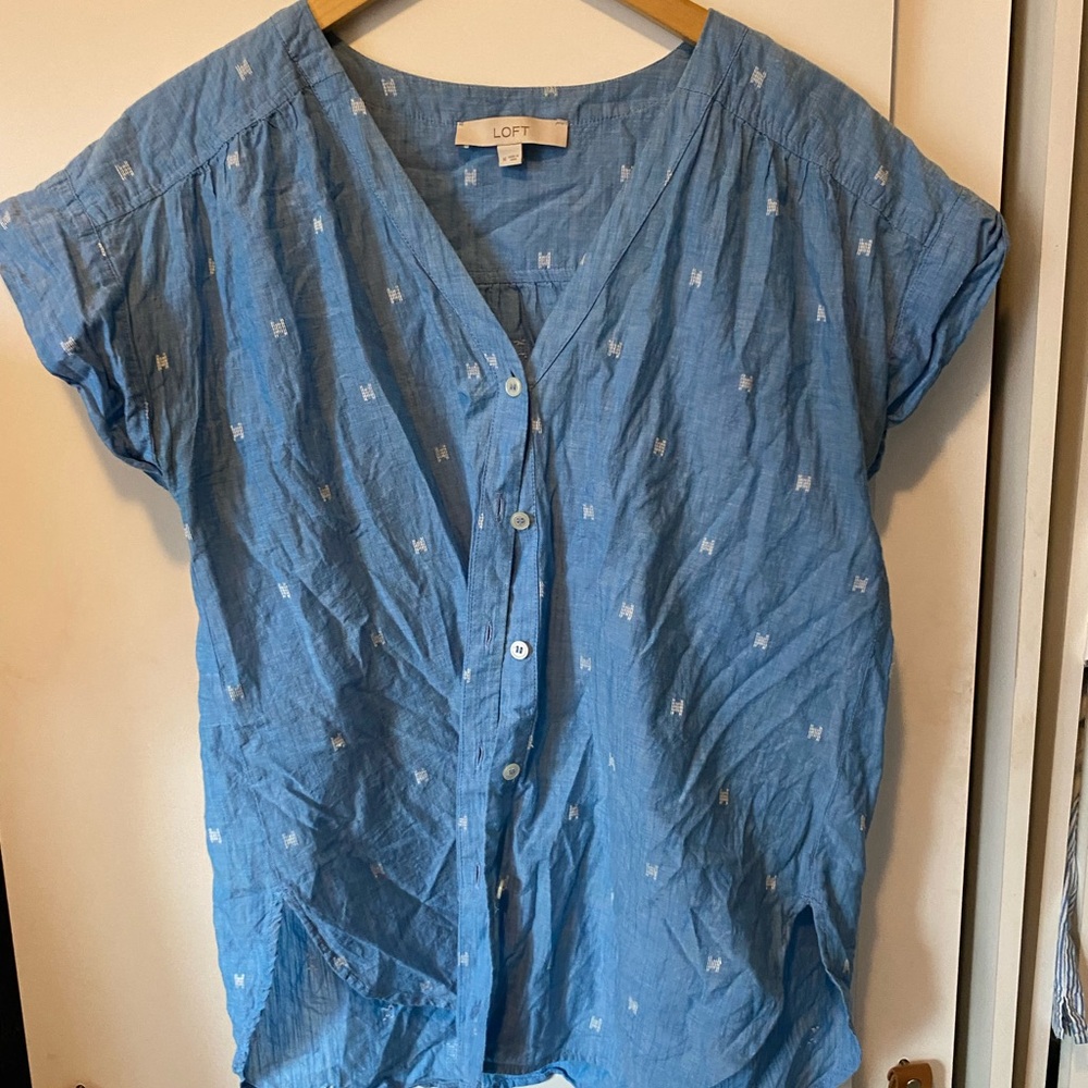 LOFT Blue Cuffed Sleeve Button Down Shirt